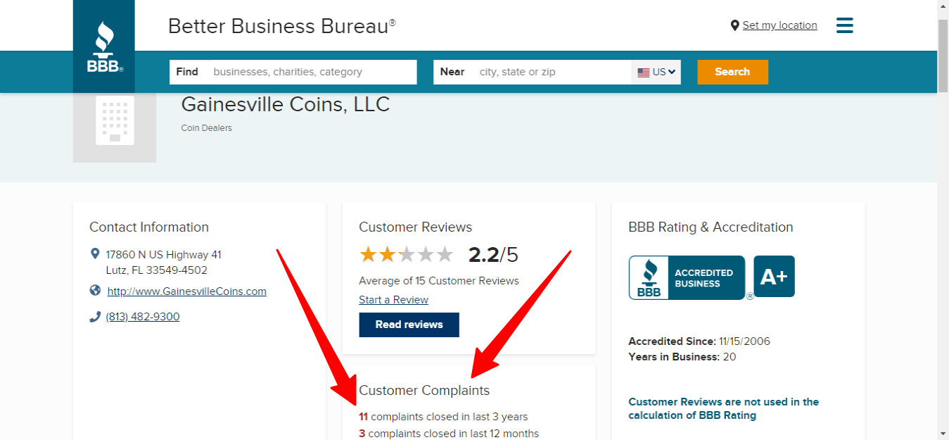 Gainesville Coins BBB Complaints Screenshot Gainesville Coins BBB Complaints Screenshot