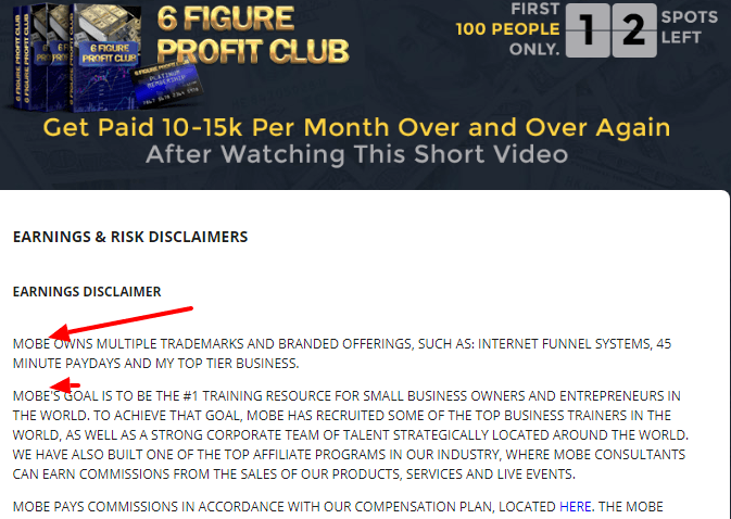 6 figure profit code mobe earning disclaimer