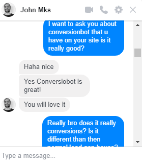 a conversation with my friend on messenger about conversiobot 