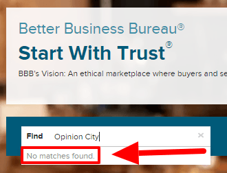 opinion city is not mentioned at bbb