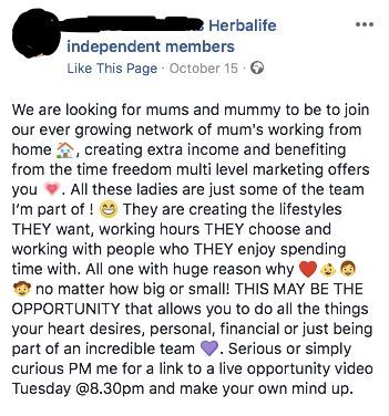 Herbalife Facebook post preying on mothers