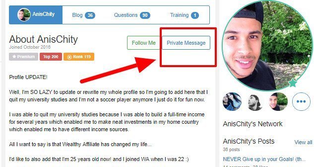 private message anis chity on wealthy affiliate