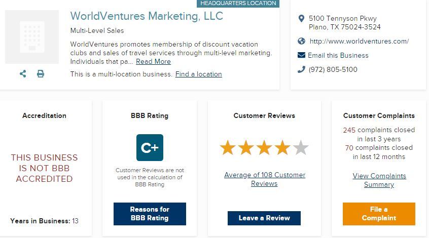 WorldVentures BBB rating