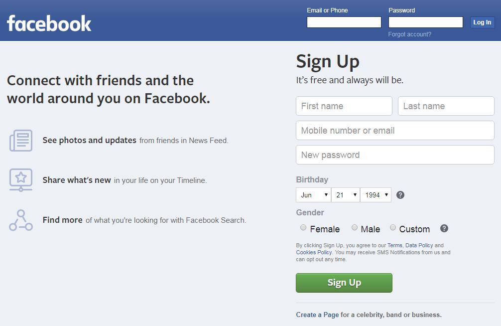 Facebook Sign Up Page