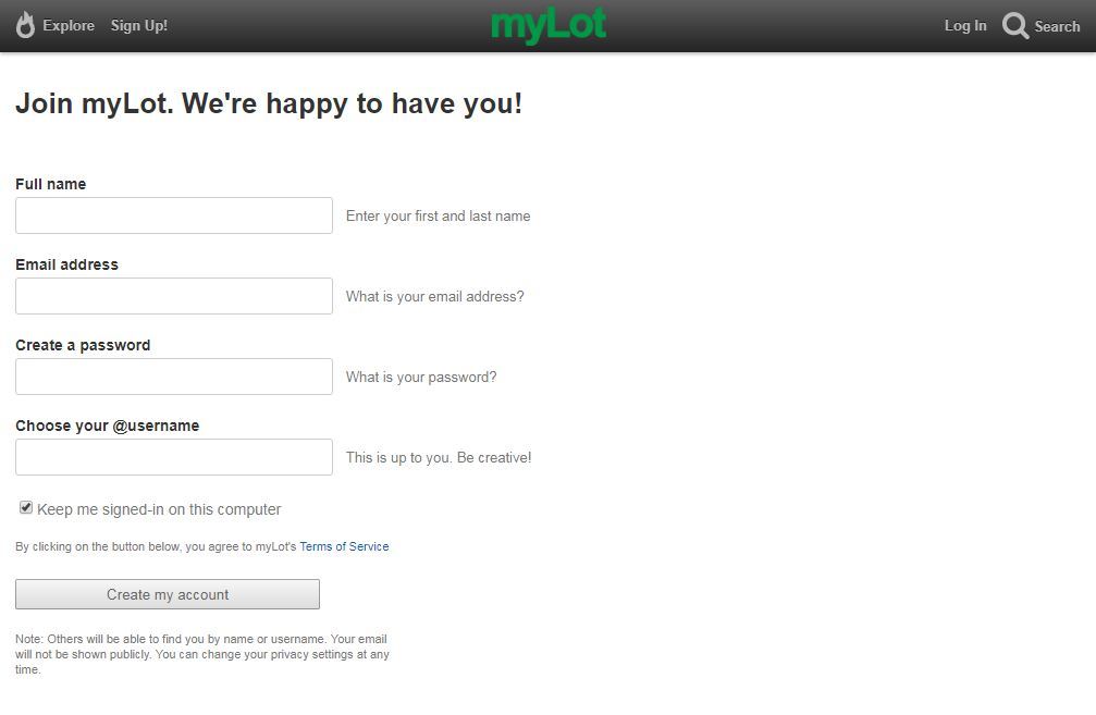 MyLot Sign up information