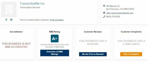 TranscribeMe Review BBB rating