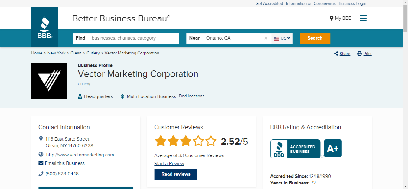 Cutco Reviews: Vector Marketing Corporation BBB Rating December 2020