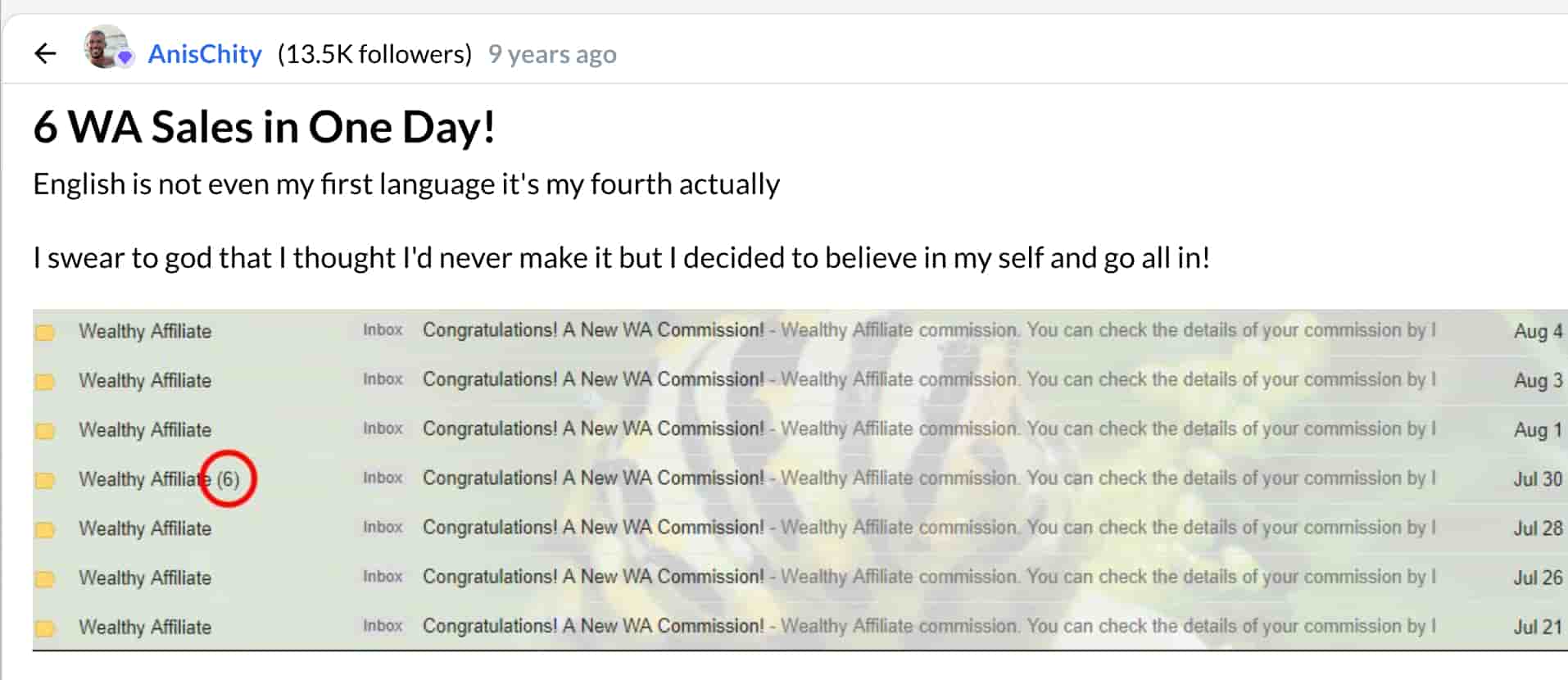 my first affiliate commissions with wealthy affiliate